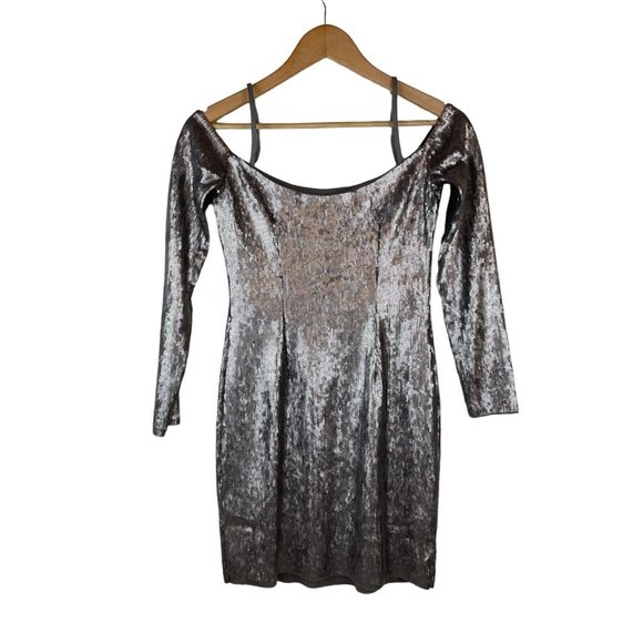 Express Dress Women Size Small Petite Pewter Bronze Sequins Mini Long Sleeve - Picture 3 of 11